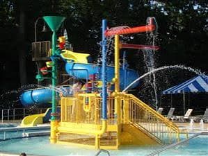 The splash structure in the leisure pool activity area at Menlo Aquatics Center