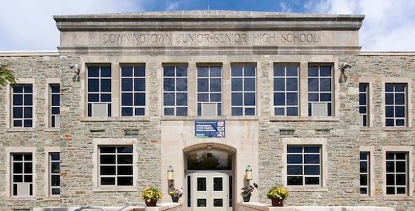 The 1932 stone facade of the Downingtown STEM Academy in Downingtown, PA