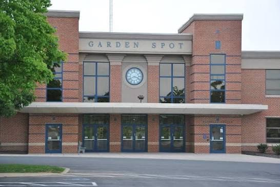 The clock-tower entrance of Garden Spot High School in New Holland, PA
