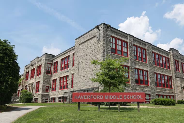 The stone building and sign of Haverford Middle School in Havertown, PA