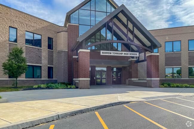 The main entrance of Manheim Township High School in Manheim Township, PA