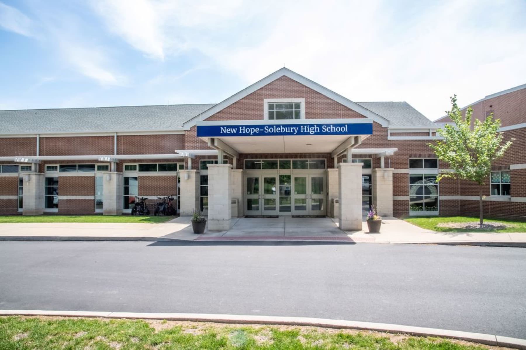 The main entrance of New Hope-Solebury High School in New Hope, PA