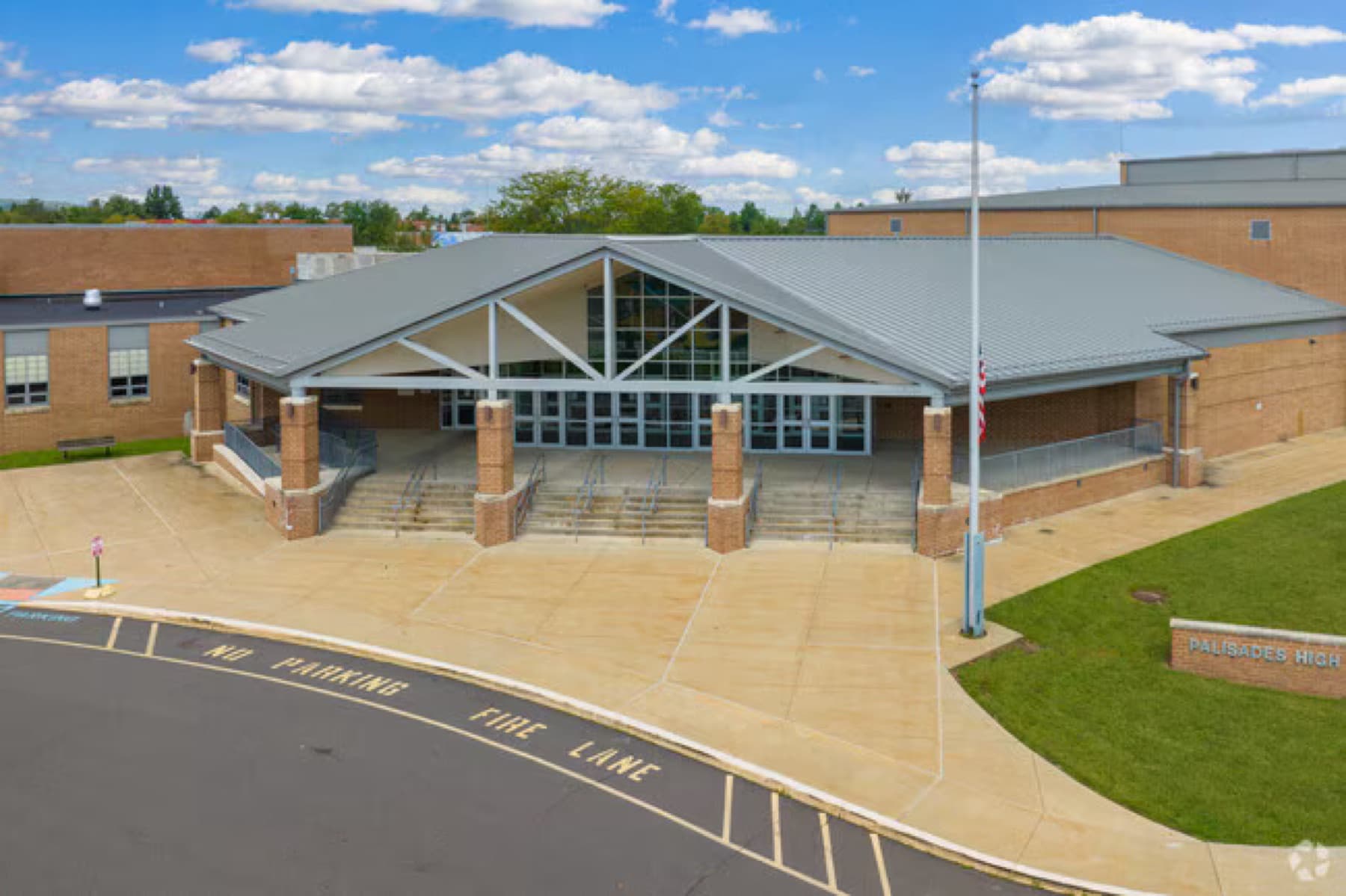 The entrance pavilion of Palisades High School in Nockamixon Township, PA