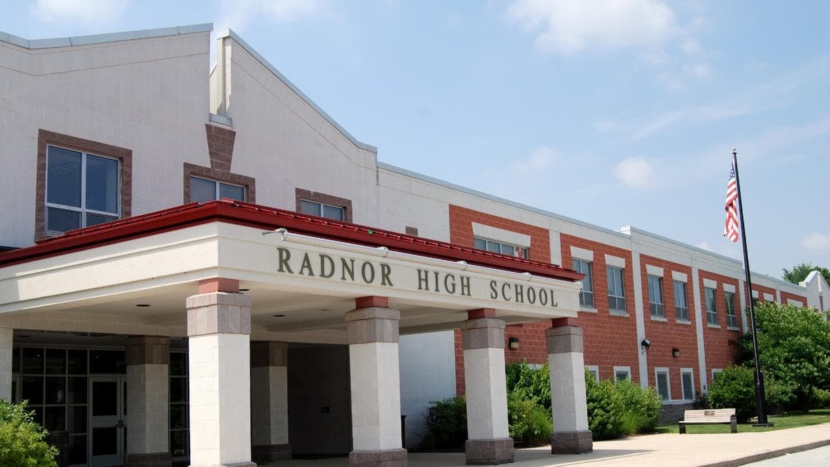 The main entrance portico of Radnor High School in Radnor, PA
