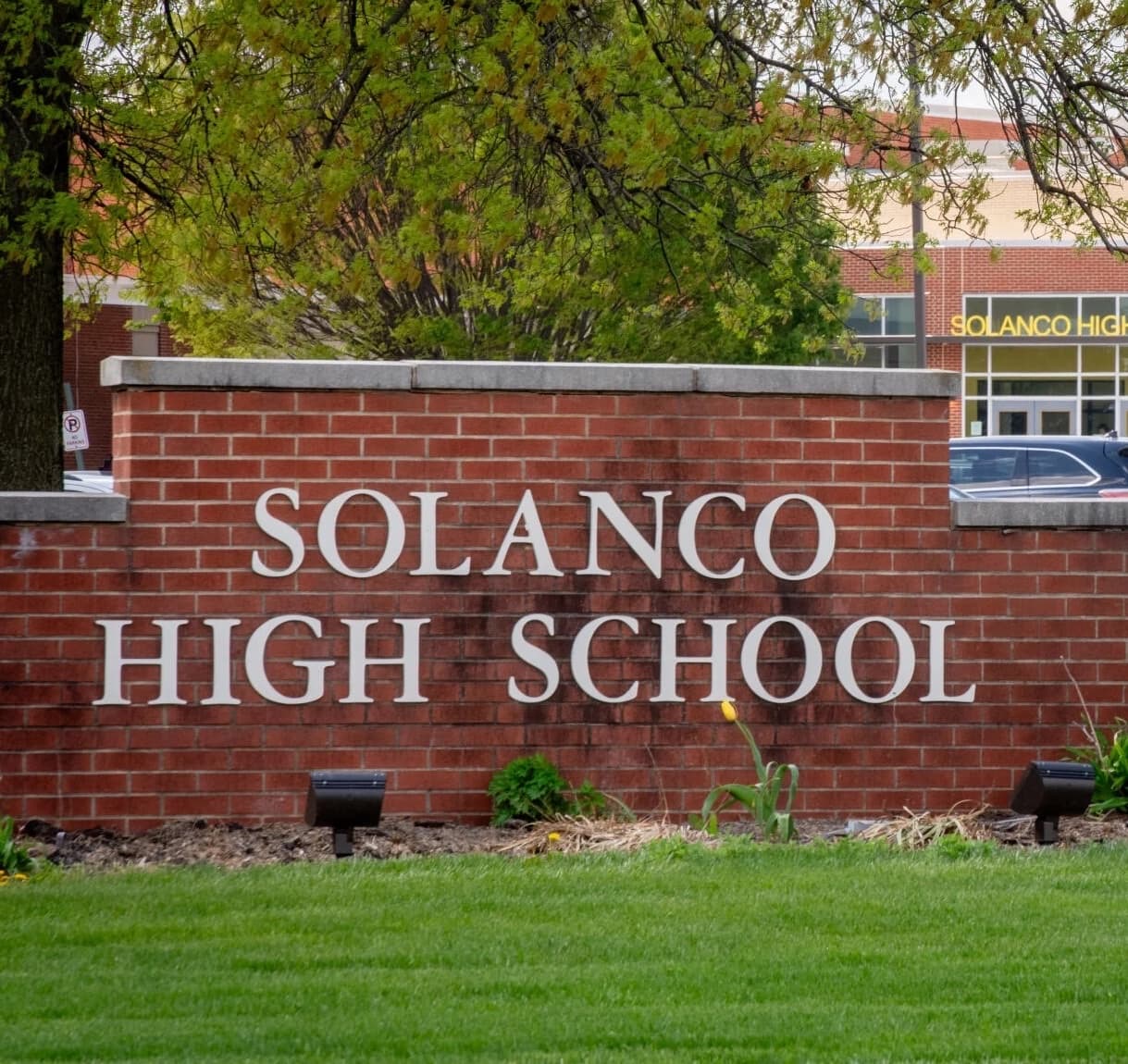 The brick entrance sign of Solanco High School in Quarryville, PA