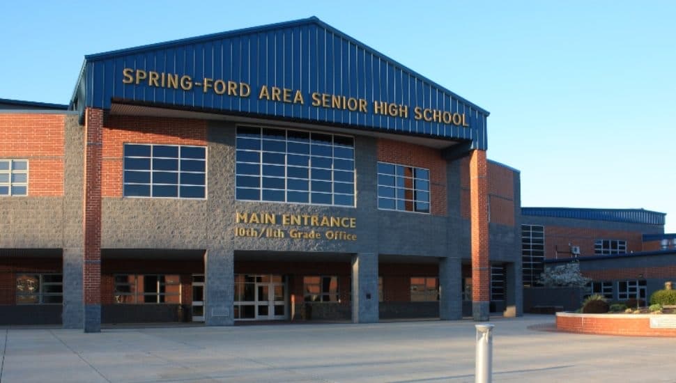 The main entrance of Spring-Ford Area Senior High School in Royersford, PA