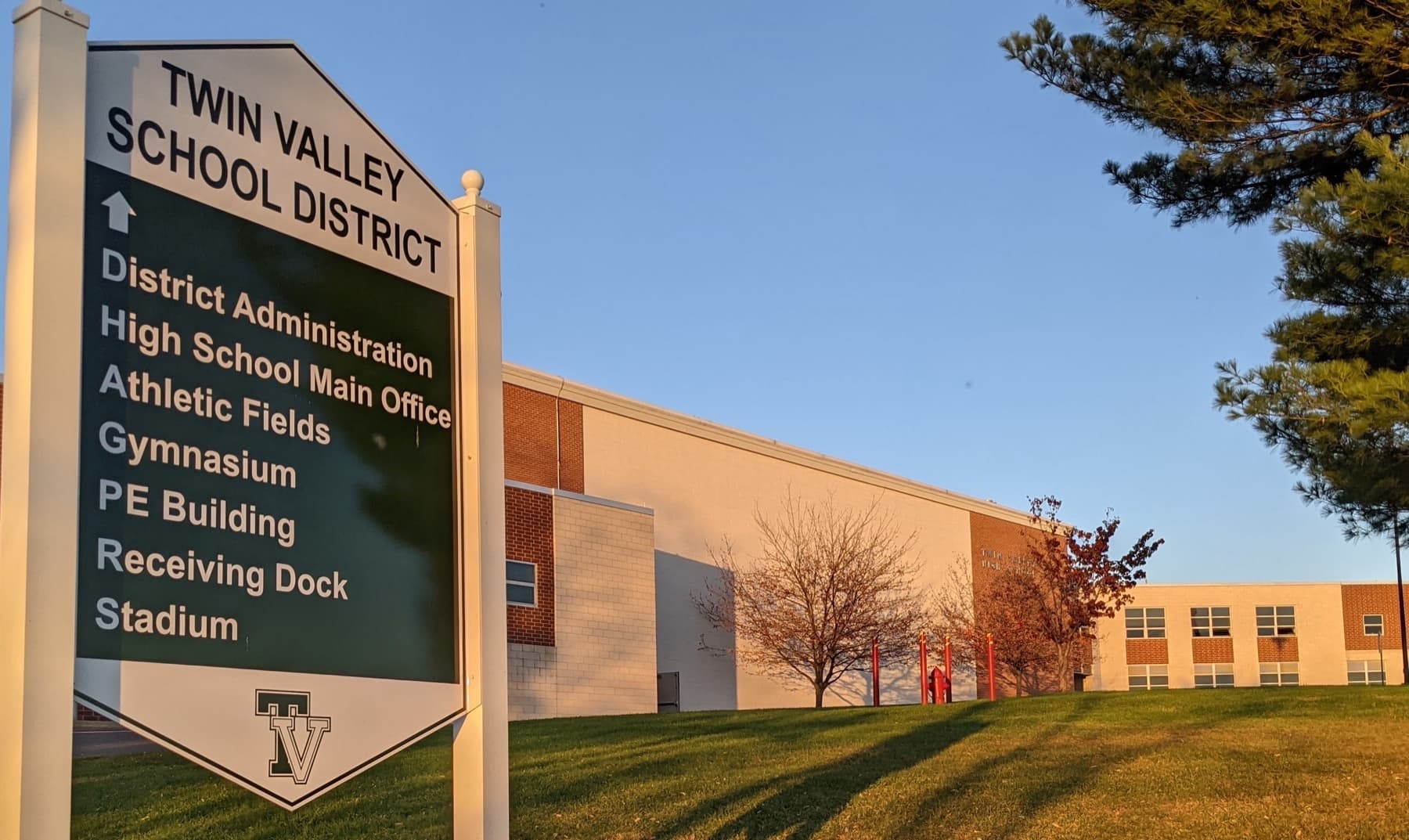 The Twin Valley School District campus sign and high school in Elverson, PA
