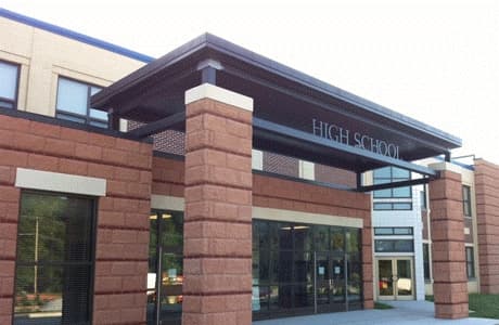 The main entrance of Unionville High School in East Marlborough Township, PA