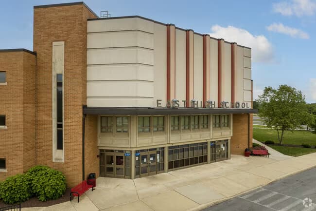 The main entrance of West Chester East High School in West Chester, PA